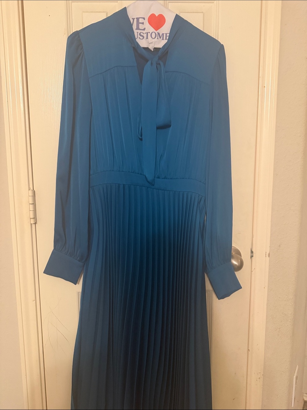 MOTF Teal Pleated Long-Sleeve Tie-Neck Dress
